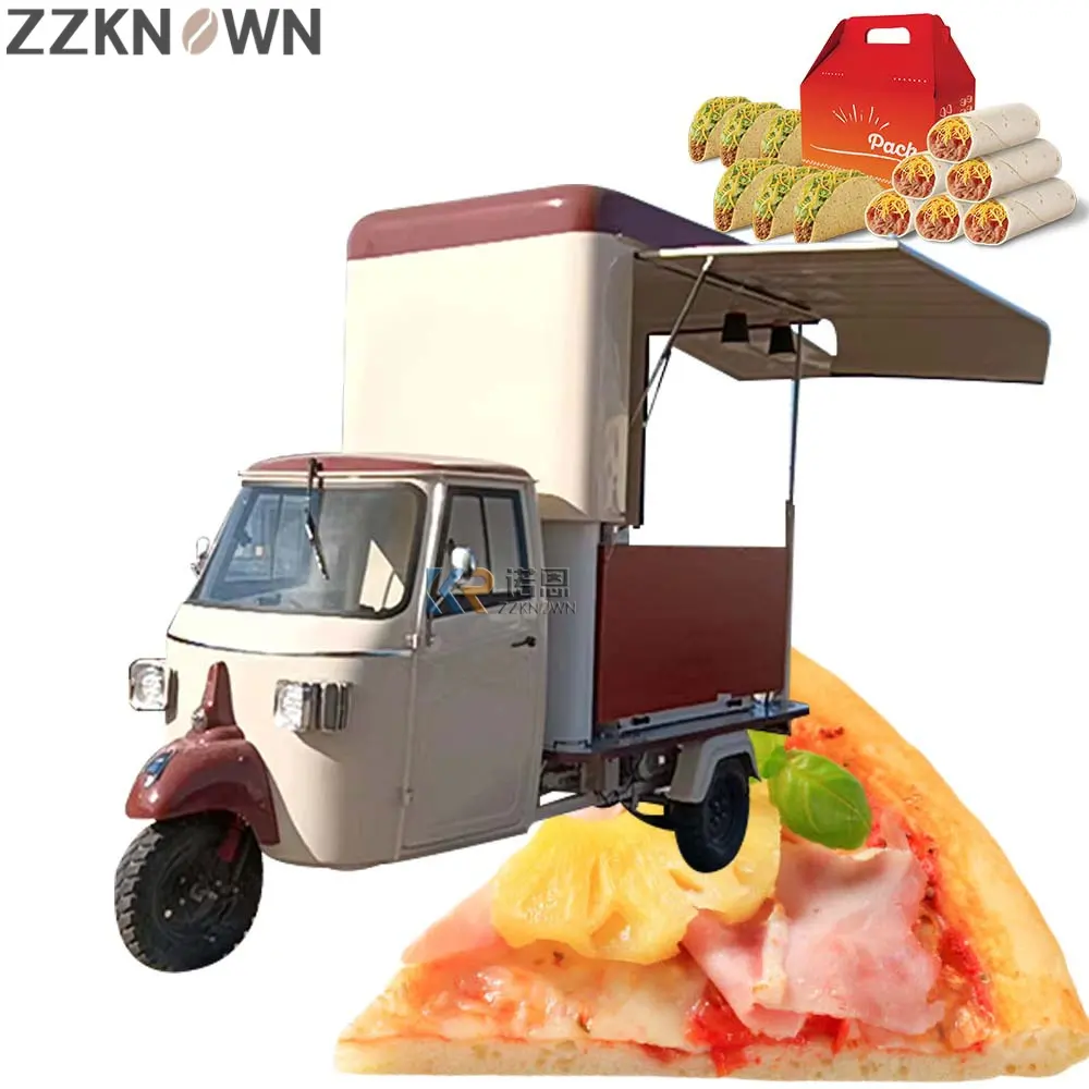 Triciclo eléctrico Tuk Ape Food Truck, carrito de perritos calientes a la venta, carrito de triciclo de helado con congelador