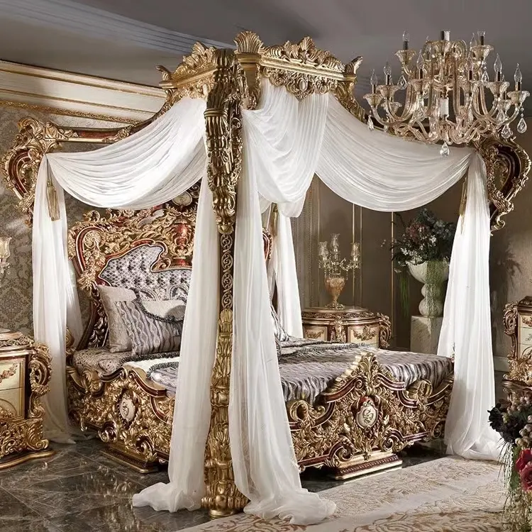 Cama royal imperial de luxo feita à mão, cama de ouro antiga para quarto, feito à mão europeu