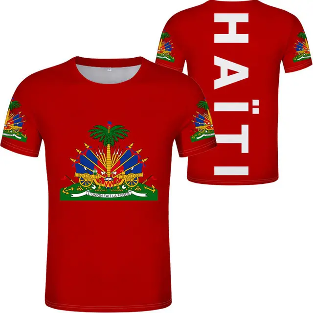 Promosyon Polyester tişörtleri erkekler için benzersiz tasarım Haiti bayrağı kumaş giyim T-shirt Haitian bayrağı giyim özel Logo gömlek