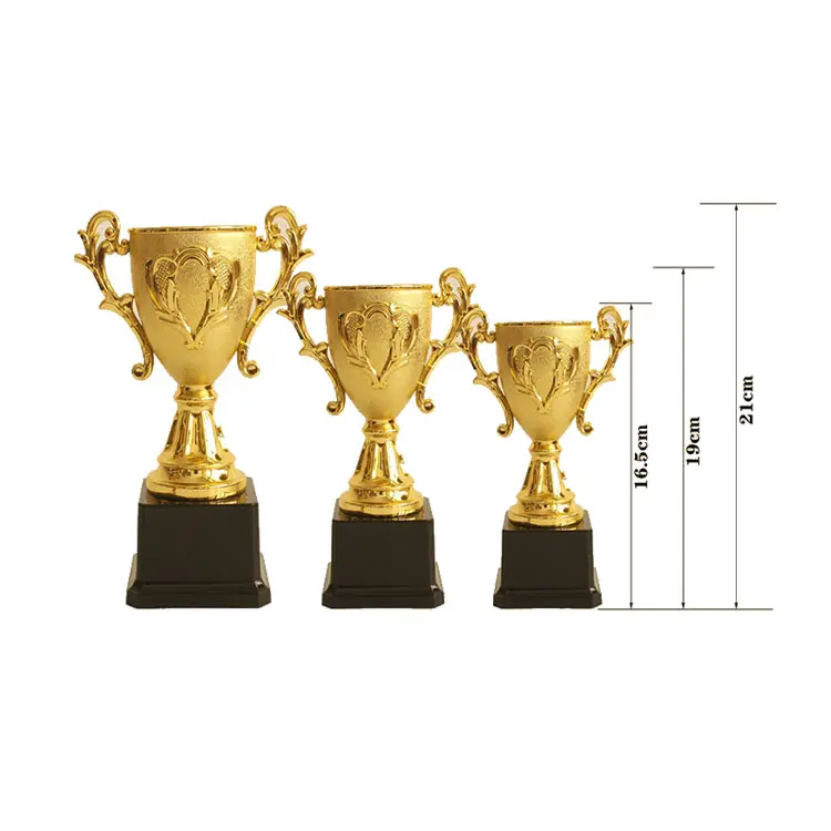 Fábrica preço logotipo personalizado base plástico troféus criança competições prêmio troféu banhado a ouro