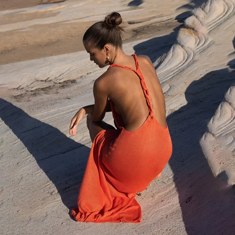 Novo sexy vestido de praia sem costas para mulheres, biquíni de malha com fenda, roupa de banho para férias e praia, novidade de verão 2024