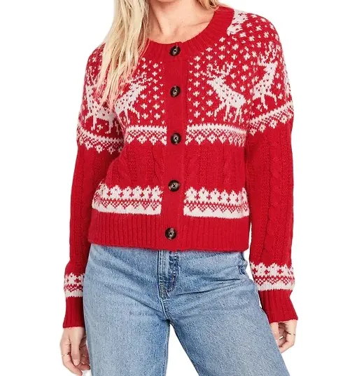 Kai Qi Invierno Mujer Cardigan Suéter de punto Navidad Moda Suéter rojo