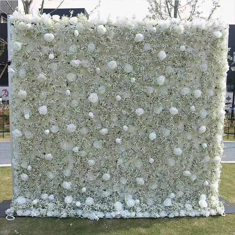 ODM 8ft X 8ft enrollar bebé aliento flor pared 5D flor artificial pared telón de fondo para boda