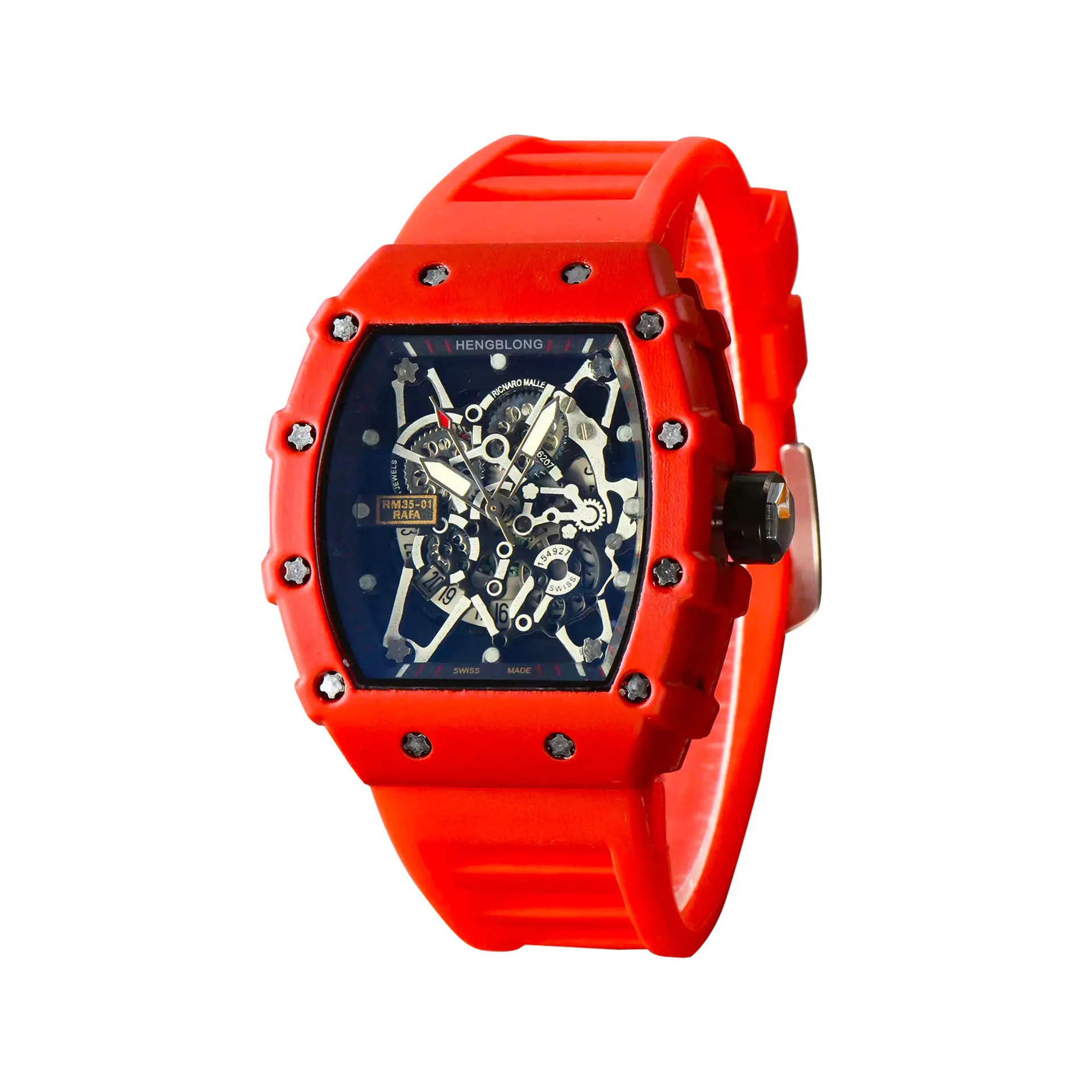 Rubber strap automatic looking white red and light blue color case stainless steel case back real well men watch skeleton
