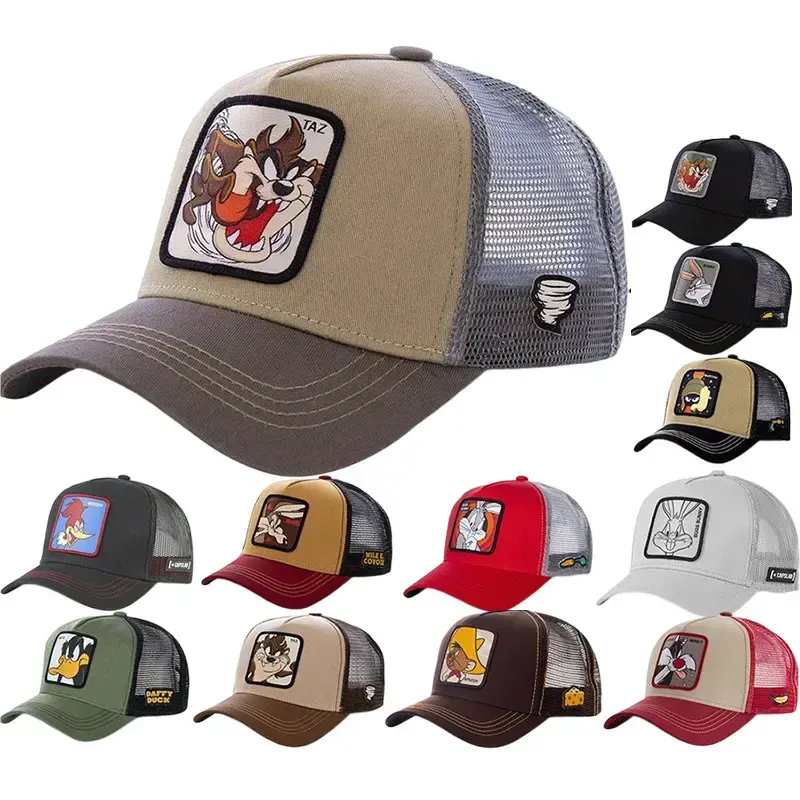 Sombrero de camionero de 5 paneles de alta calidad, gorra de camionero con parche de Anime bordado, gorras de béisbol de dibujos animados de animales, sombreros de camionero de malla