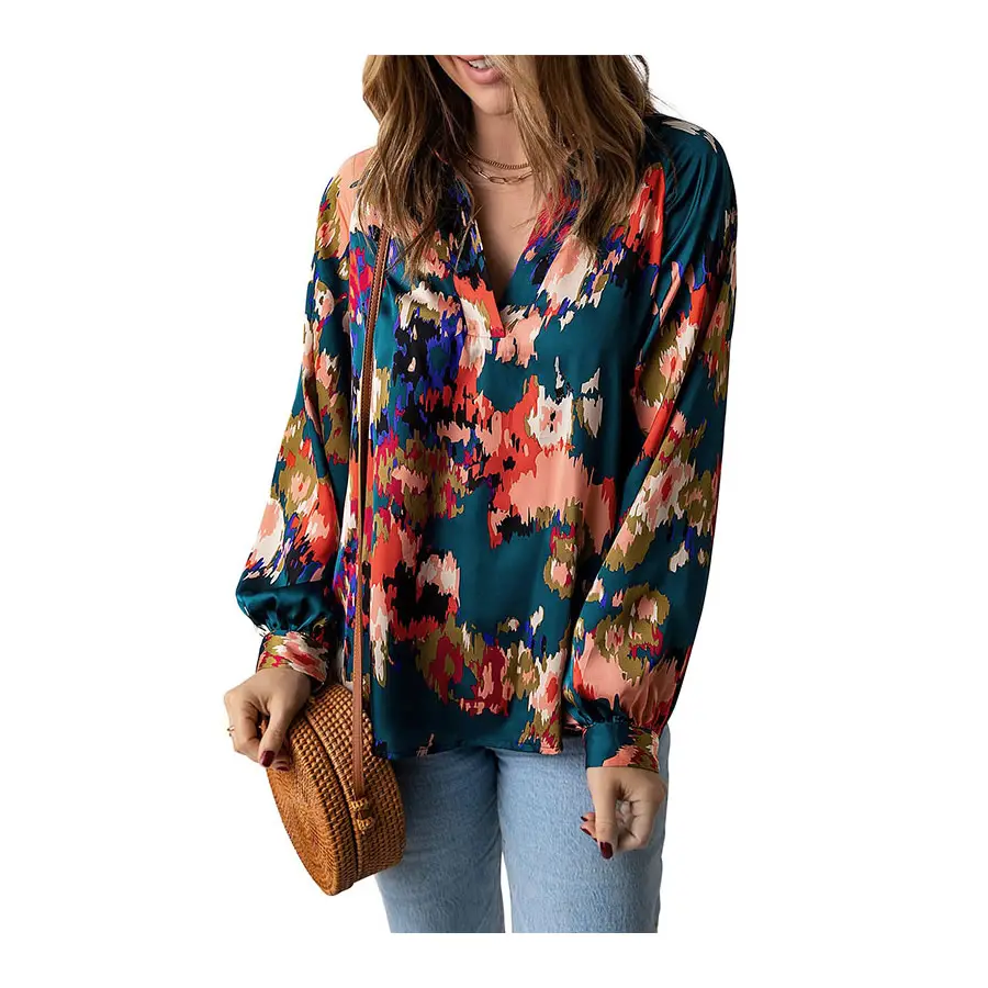 Blusa informal de manga larga para mujer con estampado floral Patrón sólido Sarga Liso teñido Batwing Lantern Design para la temporada de primavera