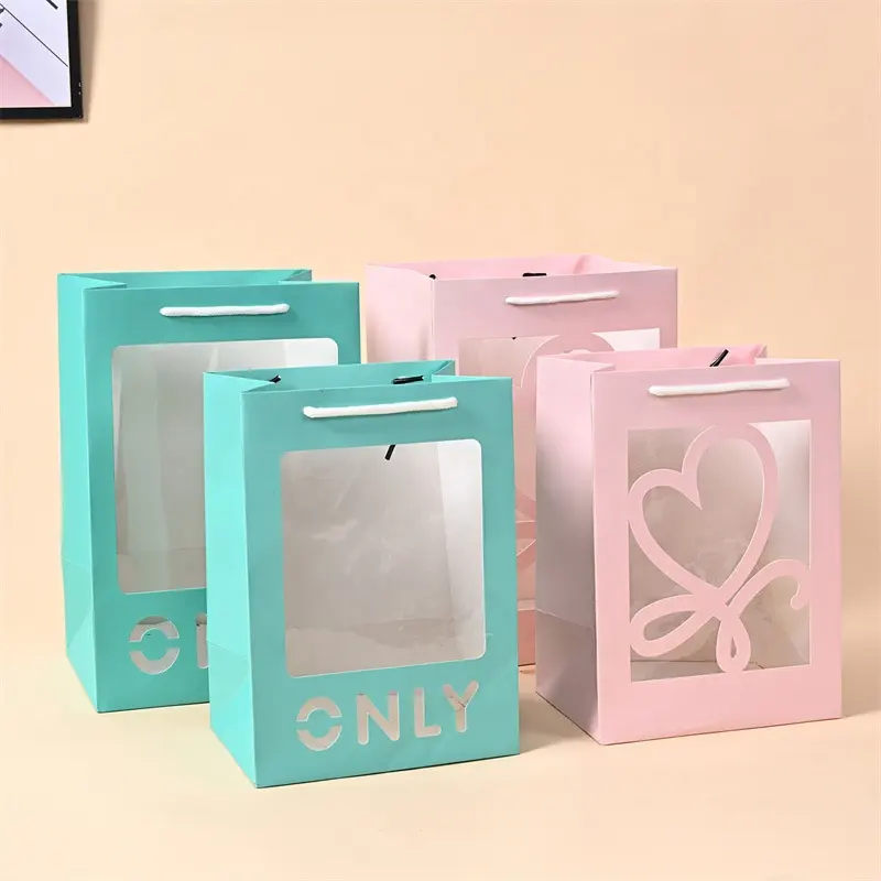 low moq 1set creative cute transparent window gift bag flower tote bag high quality Souvenir packaging paper bag