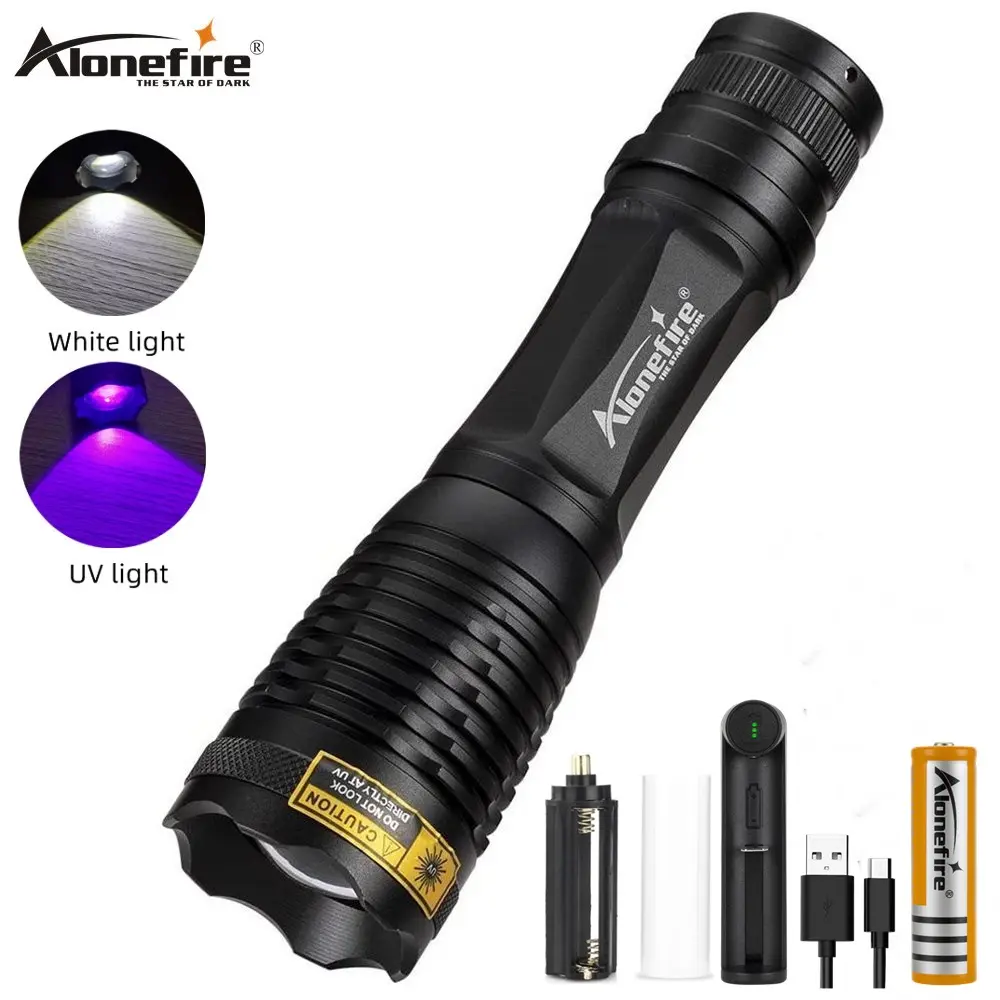 Aleefire-linterna LED E007 de alta potencia 2 en 1, luz UV de 395nm, T6, Zoom, Detector de antorcha, alfombra, para recoger dinero de mascotas, luz de escorpiones