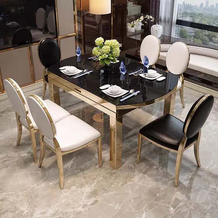 Conjunto de mesa de jantar luxuoso redondo, expansível, 8mm, preto, vidro temperado, top, perna dourada, pequena família, conversível