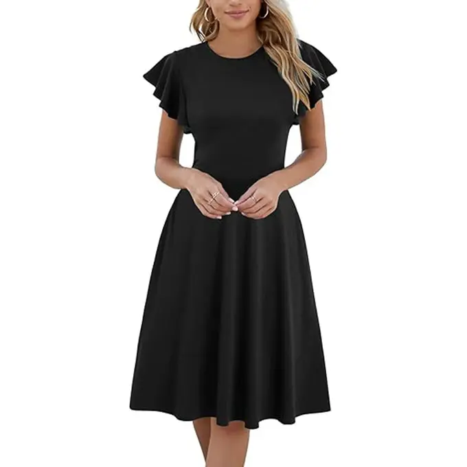 Women's Semi-Formal Ruffle Sleeves V-Back Work Fit and Flare Cocktail Wedding Guest Dress with Pockets