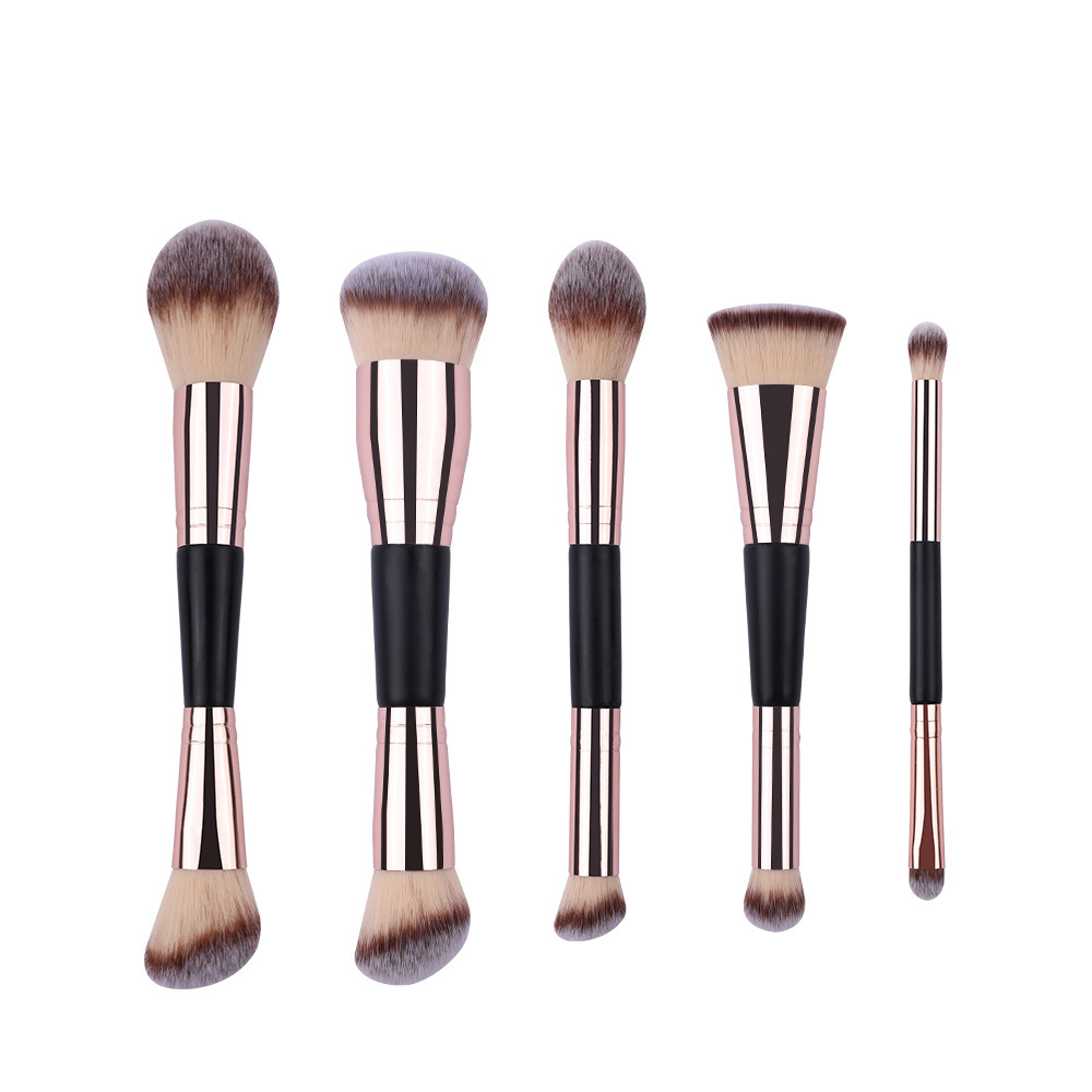 Juego de brochas de maquillaje de doble cabezal de 5 piezas, color negro