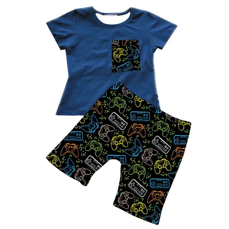 QL2022 abiti estivi per bambini di moda all'ingrosso set di due pezzi pantaloncini da stampa per console di gioco set di vestiti per ragazzo