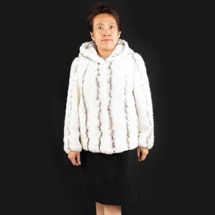 Giacca in pelliccia di visone incrociato da donna invernale di design di moda all'ingrosso con cappuccio