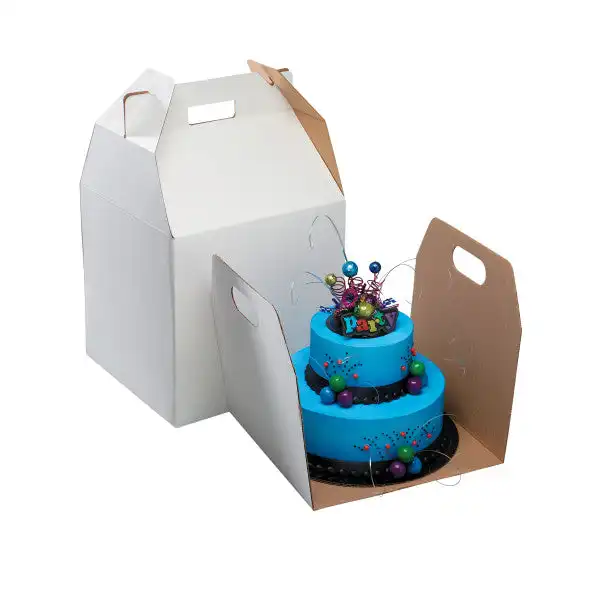 Caja cuadrada de pastel blanco con mango, inserto de tablero en U para fácil carga y descarga de pasteles, venta al por mayor