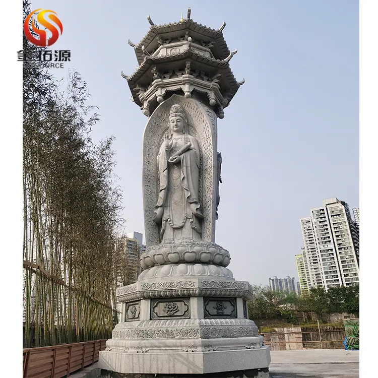 Sculpture et sculpture sur pierre personnalisées en gros d'usine Grande sculpture de bouddha Guan yin en pierre de granit à 3 visages