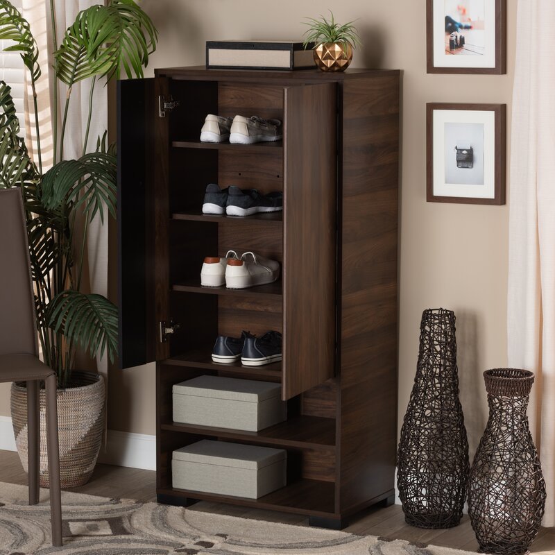 Modern And Contemporary Two-Tone Walnut Brown And Black Finished Wood 2-Door Shoe Cabinet Living Room Furniture Shoe Rack
