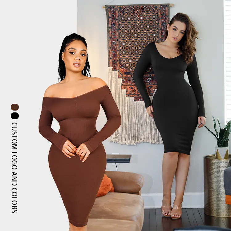 Venta al por mayor sin costuras cuello en V Ecológico integrado fajas Maxi Vestido de manga larga Shaper vestido MIDI bodycon vestidos 2023