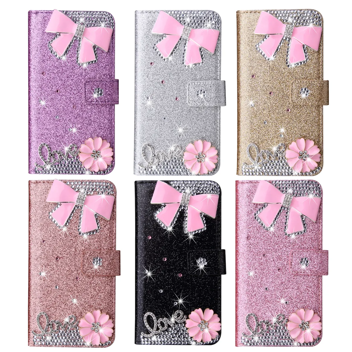 Pink Bow Strass Diamant Telefonetui für Apple iPhone 5 6 7 8 XS XR 11 12 13 14 15 Pro Max Samsung Galaxy S24 Leder-PU-Tui