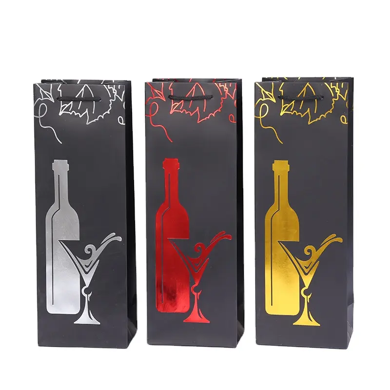 Sacs-cadeaux de Noël pour bouteilles de vin de luxe personnalisés Sacs-cadeaux noirs pour bouteilles de vin en papier élégants et de luxe en gros