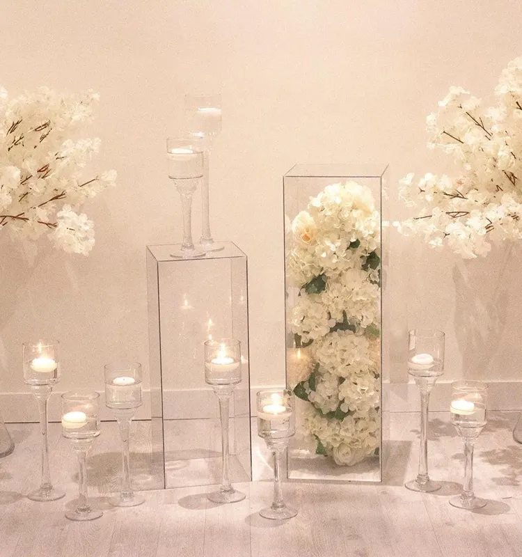 Support carré de fleurs en acrylique transparent pour le mariage, présentoir de gâteau transparent pour la fête