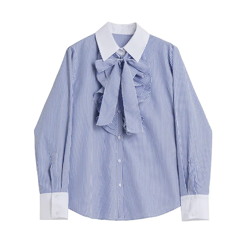 Blusa de manga longa feminina, camisa listrada azul estilo coreano, para mulheres, roupas femininas elegantes 2022