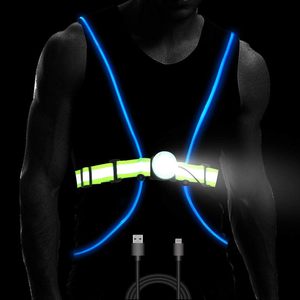 เสื้อกั๊กนิรภัย LED สำหรับวิ่งสะท้อนแสงด้านหน้ามองเห็นได้ชัดเจนเข็มขัดยางยืดปรับได้