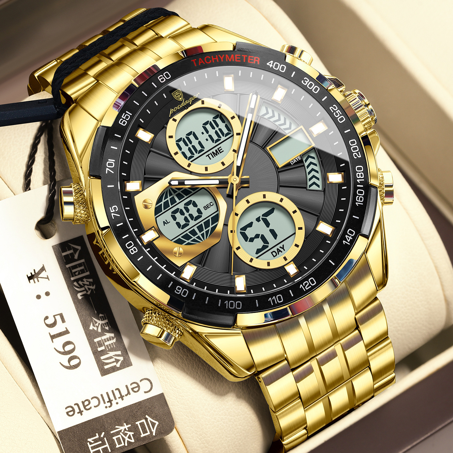 E108 gold case-black dial-steel strap model
