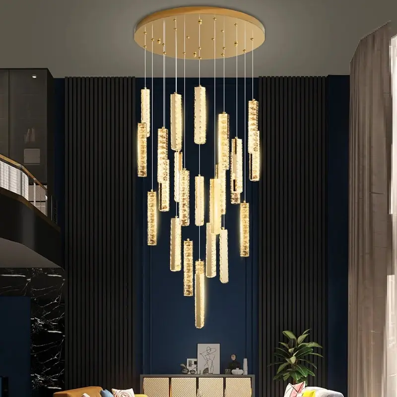 Staircase Luxury Design Modern LED Crystal Pendant Chandelier Light Chrome / Gold Long spiral Chandeliers Indoor Lighting