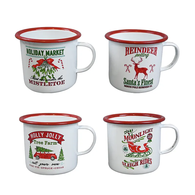 Travel Red Coffee Mug Stahl Emaille Camping Cups 2023 Weihnachts becher Geschenke Metall 4-Set Rentier Logo Outdoor Eisen HANDGRIP 350ml