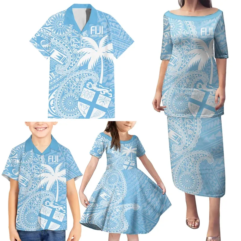 फ़ैक्टरी आउटलेट उच्च गुणवत्ता वाले पॉलिनेशियन एलेई जनजातीय डिज़ाइन कस्टम बच्चों की शर्ट ड्रेस वयस्क शर्ट ड्रेस फ़ैमिली सेट