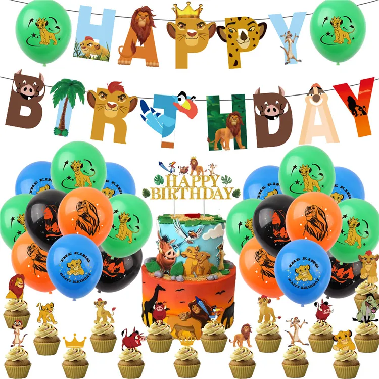 New Design The Lion King Cartoon Theme Birthday Party Set Animal Printed Latex Balloons Happy Birthday Banner With Cake Topper