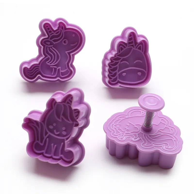 4pcs Plastic Cookie Stamp and Cutter Set Unicorn Cartoon Pastry Supplies Cookie Cutters