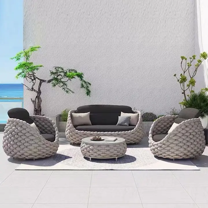 Lazer jardim móveis ao ar livre luxo hotel trançado corda de liga de alumínio pátio moderno sofá