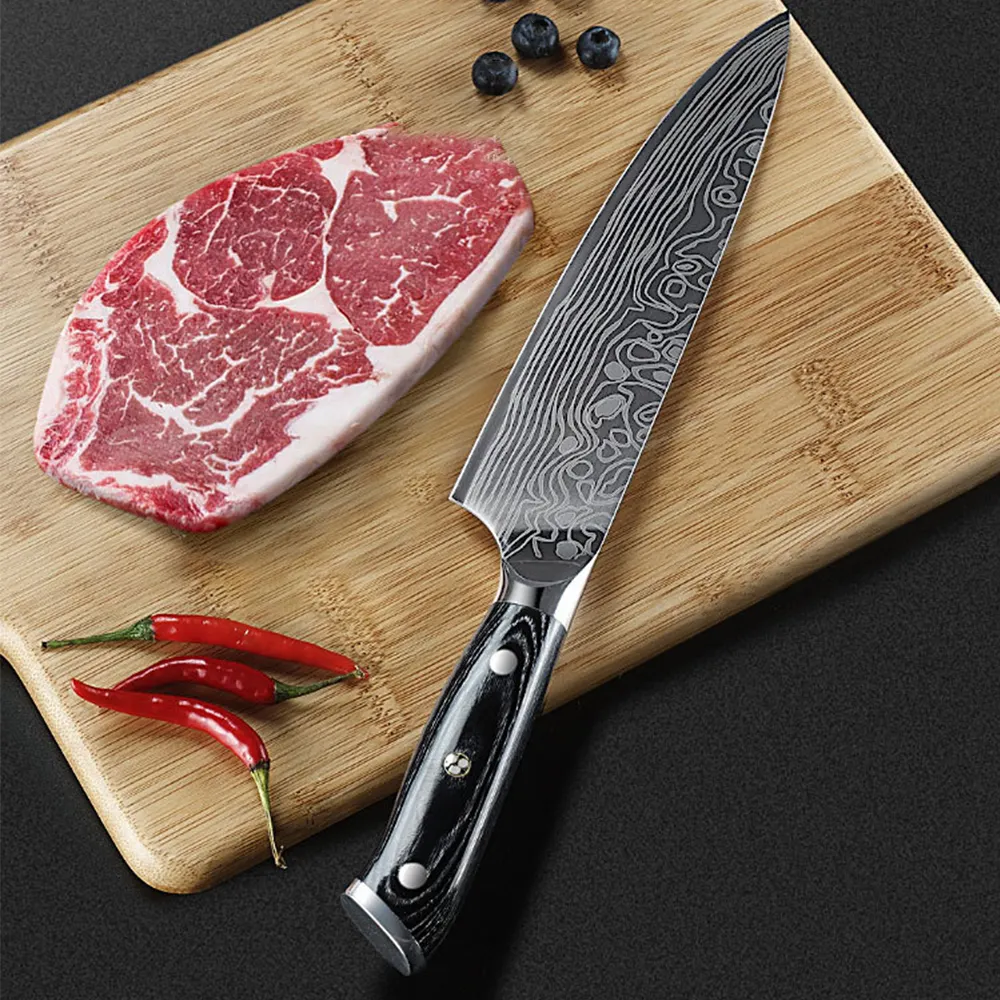 En çok satan şef bıçağı 8 inç alman şef bıçağı perçin ile siyah pakka ahşap saplı
