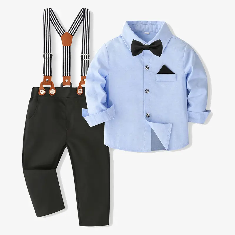Conjunto de roupas de cavalheiro para meninos, camisa suspensa com gravata borboleta para crianças, calças formais para festas, primavera outono 2024