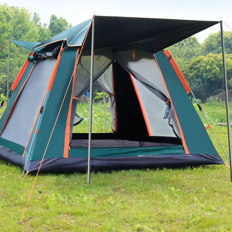 Outdoor 3-4 people beach thickened double layer rainproof fully automatic popup four-sided camping tents