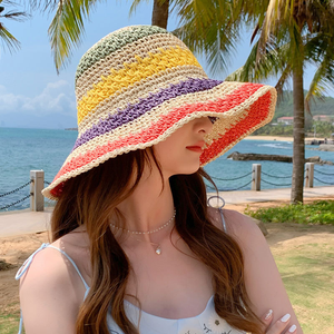 Women's Foldable Bohemian Straw Hat for the Seaside <strong>rainbow</strong> Color Matching Fisherman's Hat to Block the Sun and Show the Face - Product Image 6