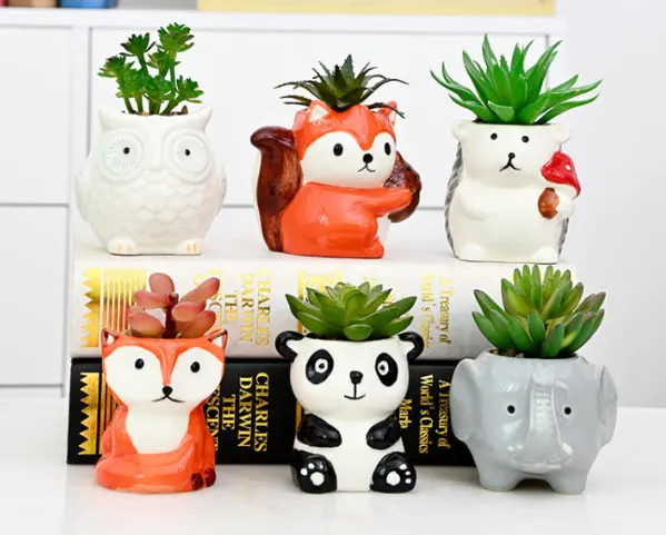 6 Pcs Air Plant Holders Cartoon Shaped Small Succulent Pot Animal Planter Cute Ceramic Plant Pot with Drainage for Mini Plants