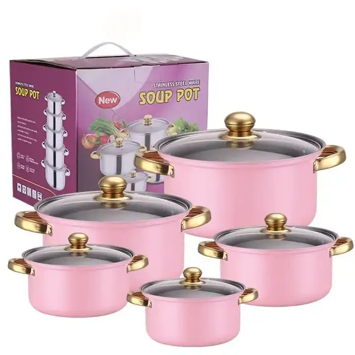 Non Stick Panela de Aço Inoxidável 10 PCS Leite e Sopa Panelas Rosa/Laranja Conjunto Com Alças Douradas