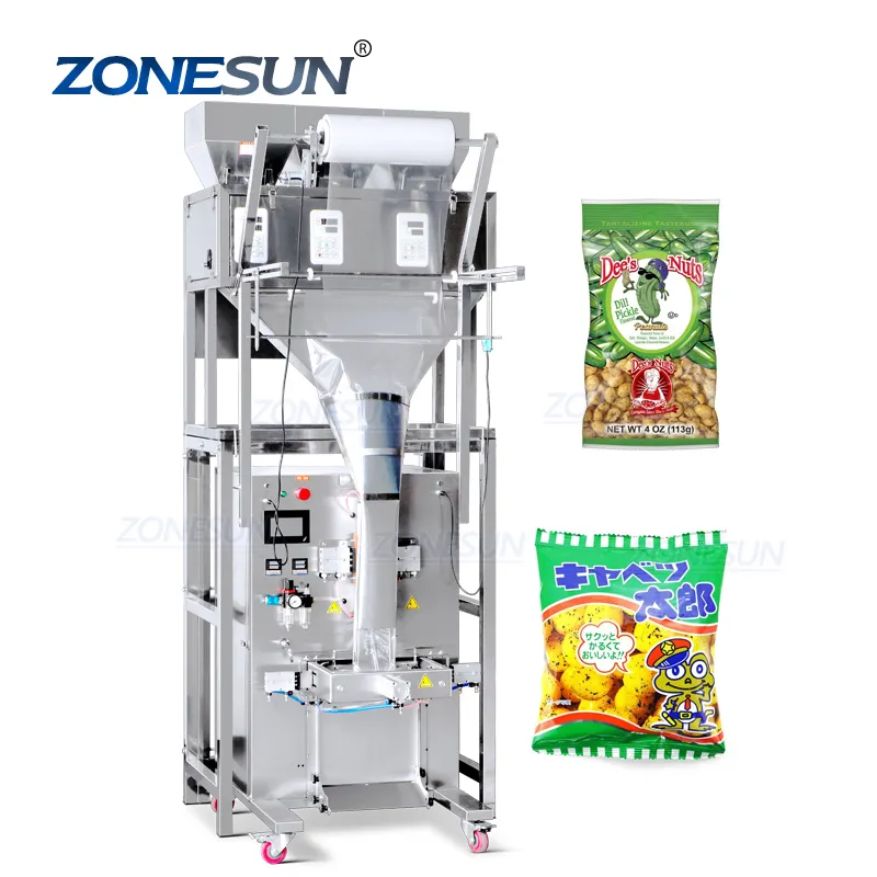 ZONESUN, máquina de envasado de llenado y sellado de película de pesaje, bolsa pequeña Vertical de tres cabezales, automática completa,