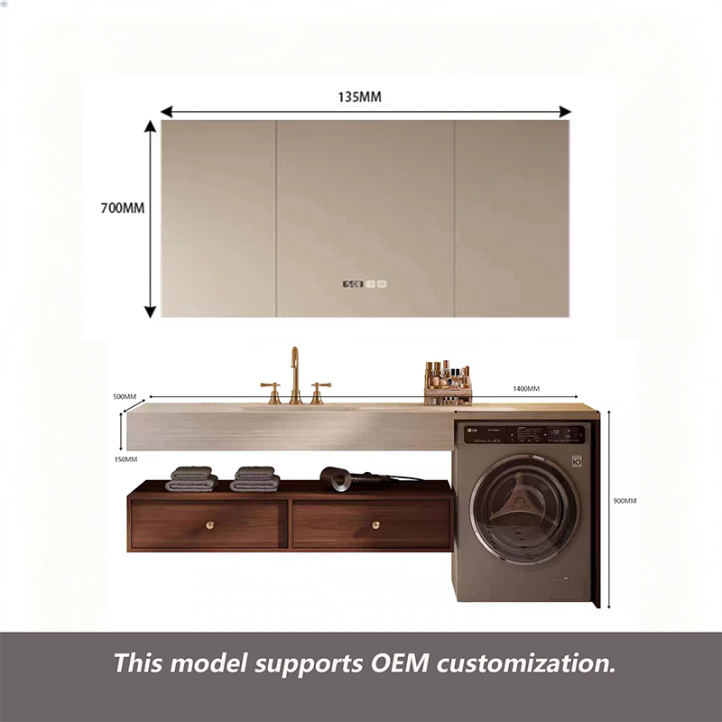 Vasque intégrée courbée à chaud 140Rock Slab + Armoire de toilette intelligente avec miroir