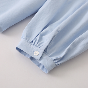 Áo sơ mi cotton cổ đứng màu xanh kiểu vintage dành cho nữ, tay bồng xếp ly kiểu Pháp cổ điển, dáng rộng - Product Image 4