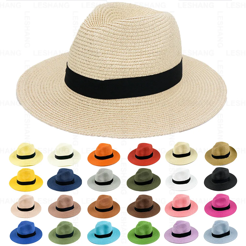 Sombrero de sol de playa UPF50 + para mujer, sombrero de paja con logotipo personalizado enrollado, ala ancha, flexible, Panamá