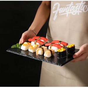 Harga pabrik batu alami papan keju hitam piring Sushi piring makanan layanan Logo kustom tatakan batu tulis - Product Image 4