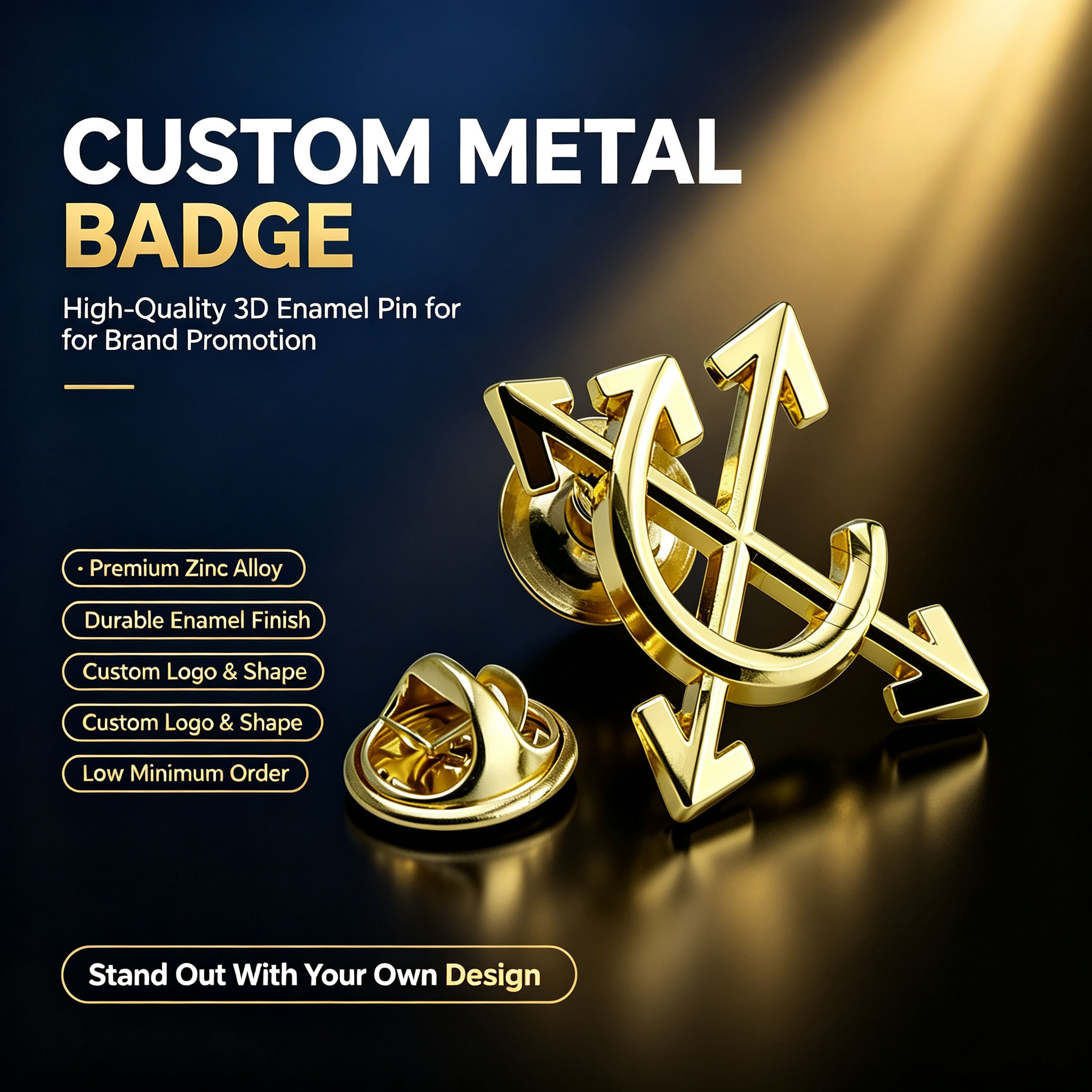 Badge en métal avec symbole de flèche personnalisé, design 3D et finition émaillée