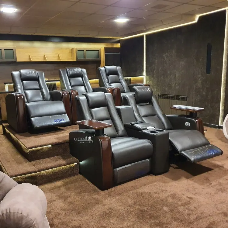 Hot sale modern design home theater seating genuine leather power recliner cinema sofa seats with oak tray