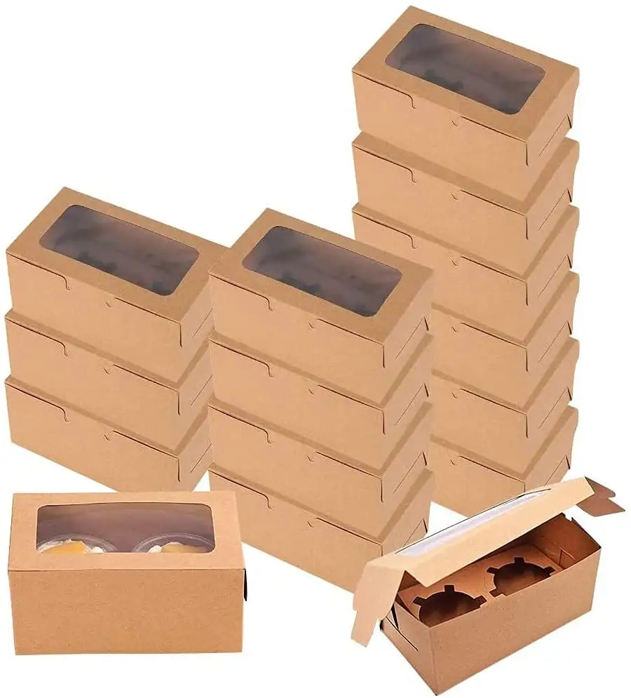 Eco Friendly biodegradabile personalizzato trasparente Mini 2 fori Muffin Cup Cake Cupcake scatole di imballaggio in carta con finestra trasparente