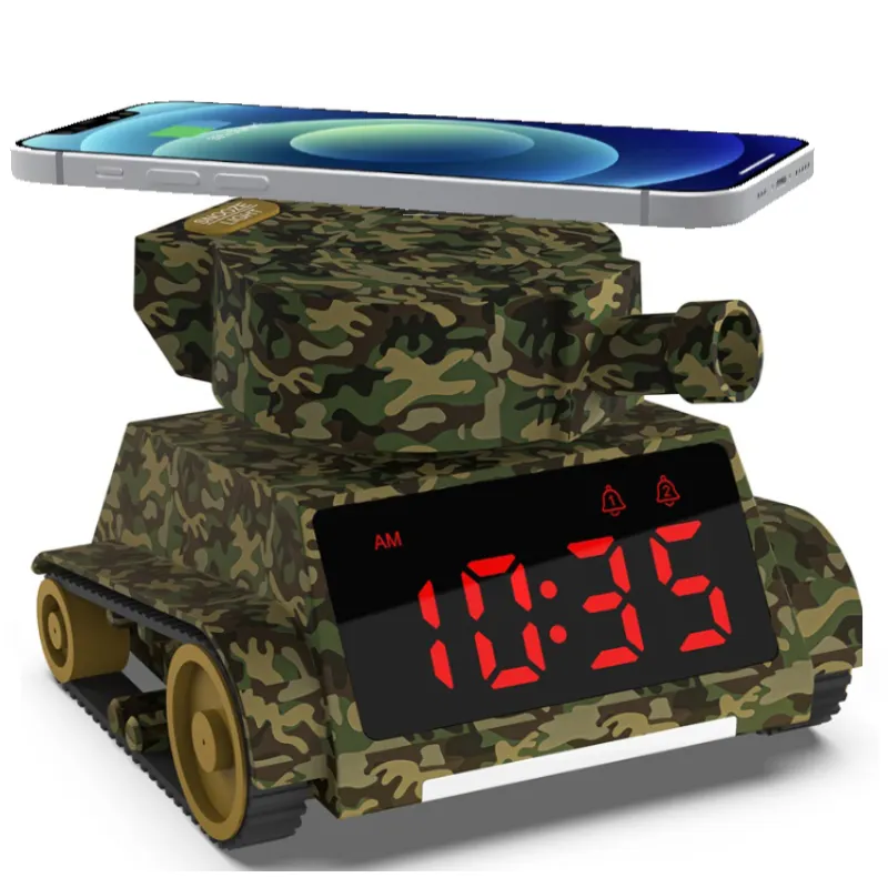 Novel Design Battle Tank Model Tracks Car Toys Alarm Clock Led Light With 15W Fast Charging Station