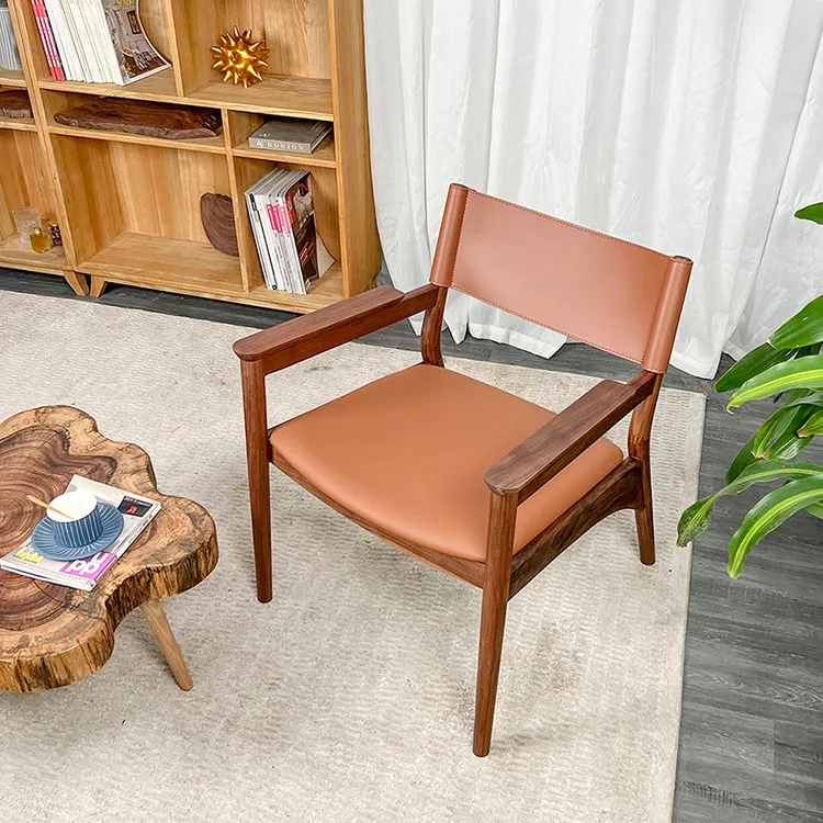 Bois solide tapissé de chaise longue de style français avec les chaises arrières incurvées de salle d'attente de chambre à coucher de cuir d'unité centrale