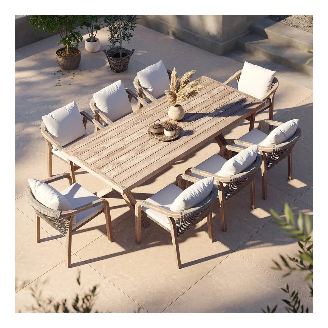 Patio estándar comercial Grado A Mesa de jardín de madera de teca Muebles de exterior Juego de mesa de comedor y silla